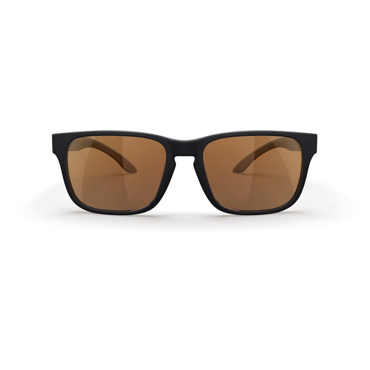 REKS® Sport Polarized Trivex sunglasses with black frames and brown tinted lenses, front view showcasing sporty design.