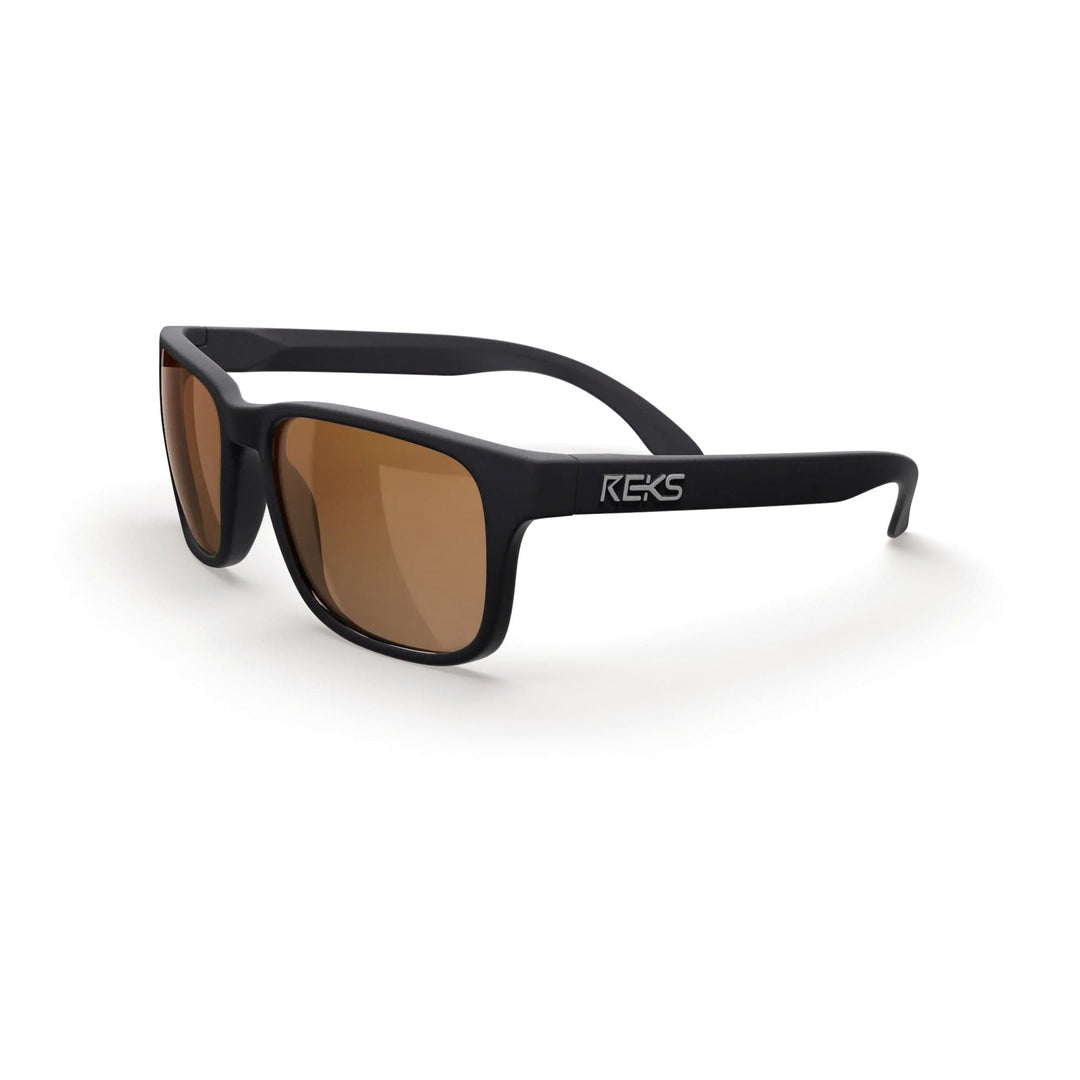 REKS® sport polarized sunglasses with black frames and brown tinted lenses, three-quarters view showing stylish sport eyewear.