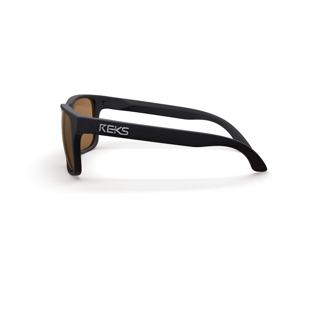 Black Sport polarized sunglasses with brown tinted lenses and side view, by REKS® in Trivex® material.