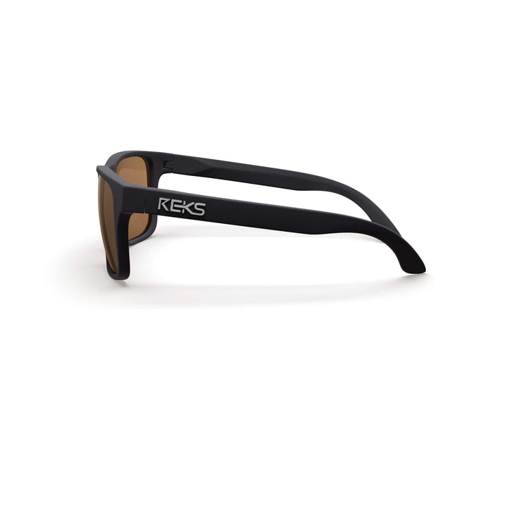 Black Sport polarized sunglasses with brown tinted lenses and side view, by REKS® in Trivex® material.