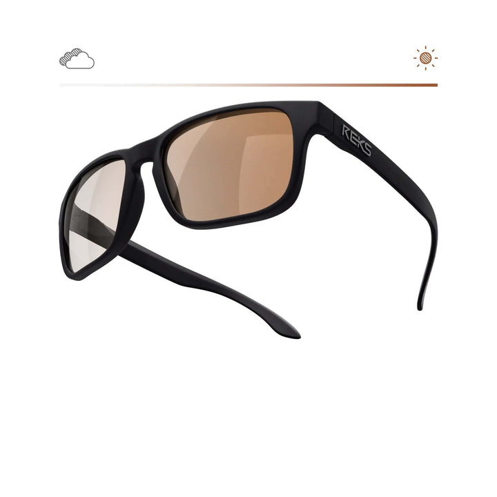 Black and brown polarized sport sunglasses with Trivex lenses by REKS®, featuring transition tint for versatile outdoor use.