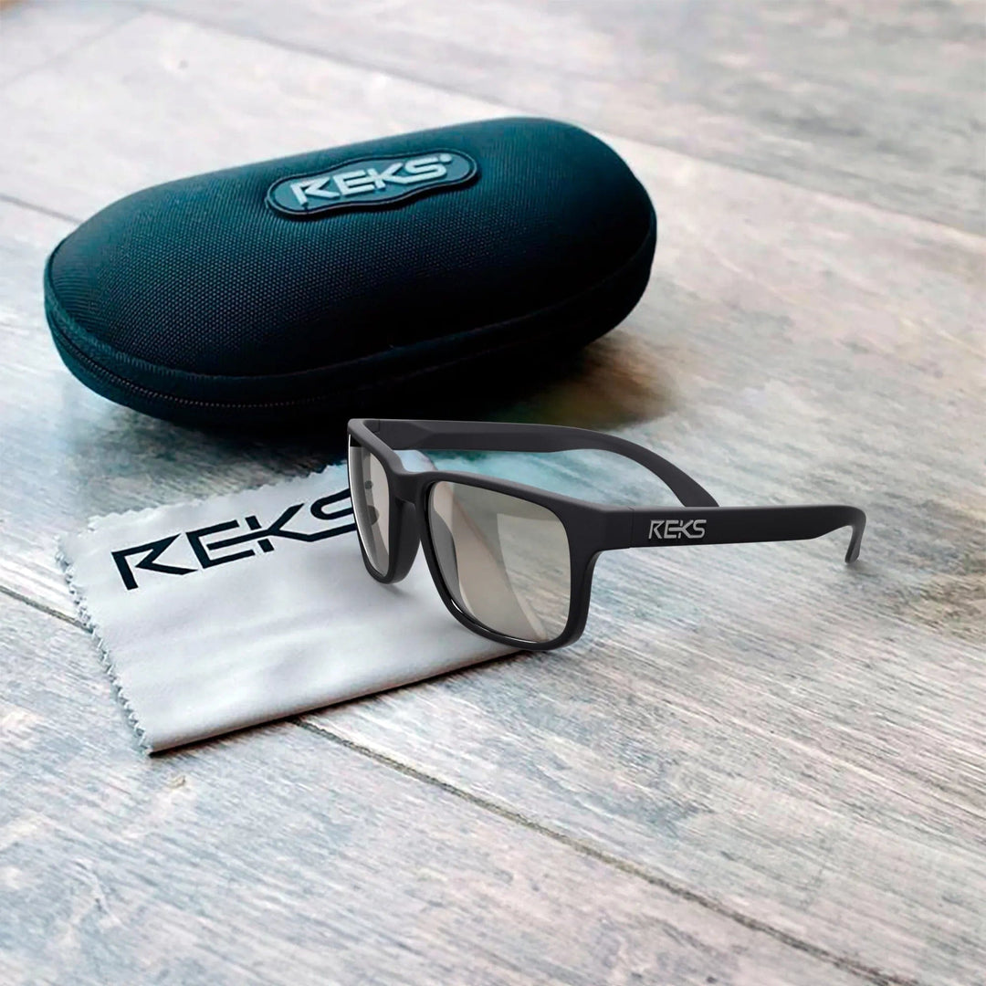 REKS® Sport Polarized Trivex® sunglasses in a protective case, designed for active outdoor use with polarized lenses.