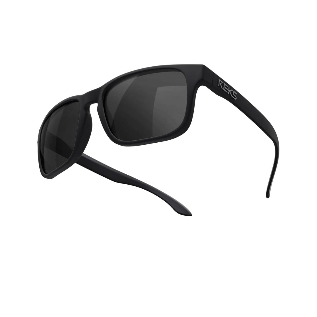 REKS® sport polarized prescription sunglasses in black with smoke tint, featuring polycarbonate lenses for outdoor activities.