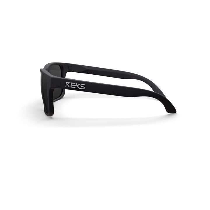 REKS® sport polarized prescription sunglasses with black smoke tinted polycarbonate lenses, side view showing sleek athletic design.