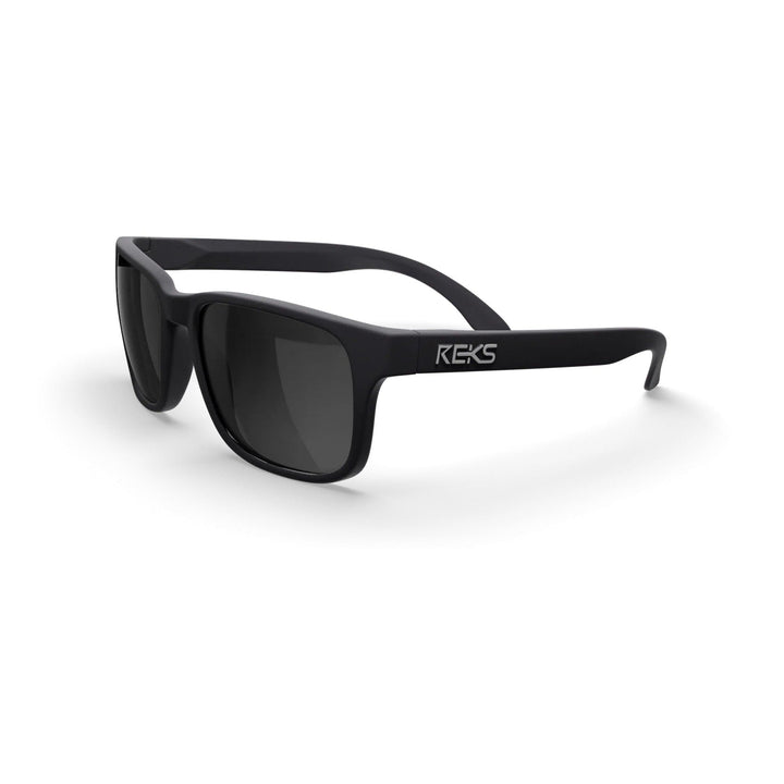 REKS® sport polarized prescription sunglasses with black tinted smoke lenses, three-quarter view showing sleek polycarbonate frame