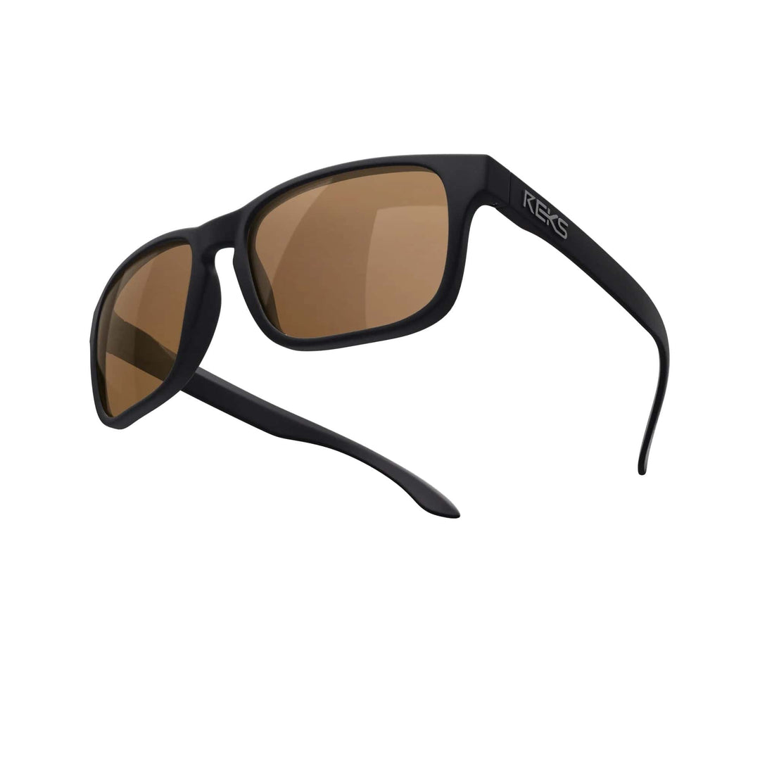 REKS® sport polarized prescription sunglasses with black frame and brown tinted lenses, shown from multiple angles.