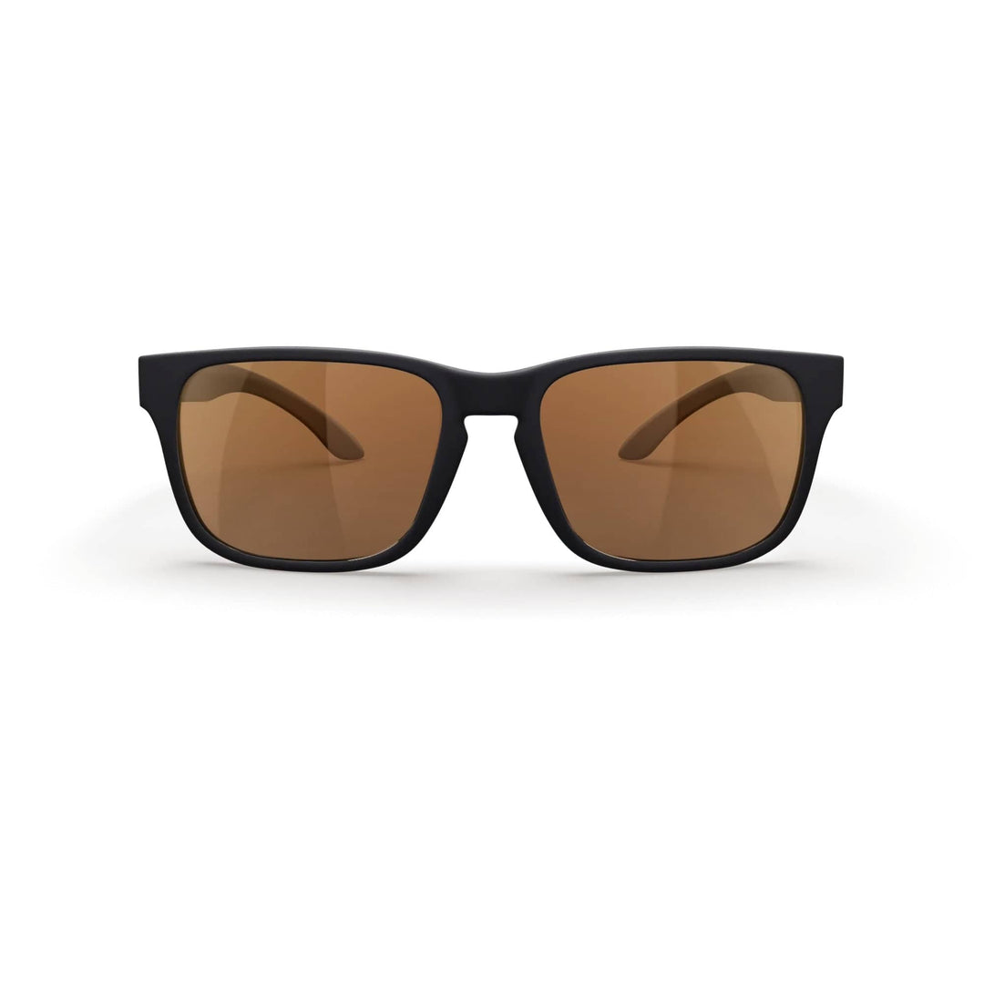 REKS® sport polarized prescription sunglasses with black frames and brown tinted lenses, front view showing sporty design.