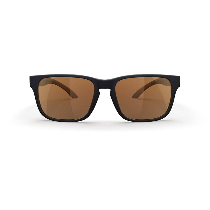 REKS® sport polarized prescription sunglasses with black frames and brown tinted lenses, front view showing sporty design.