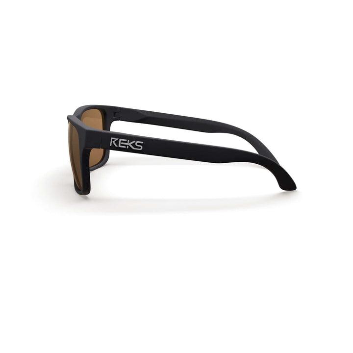REKS® sport polarized prescription sunglasses with black frames and brown tinted lenses, side view showing sleek design