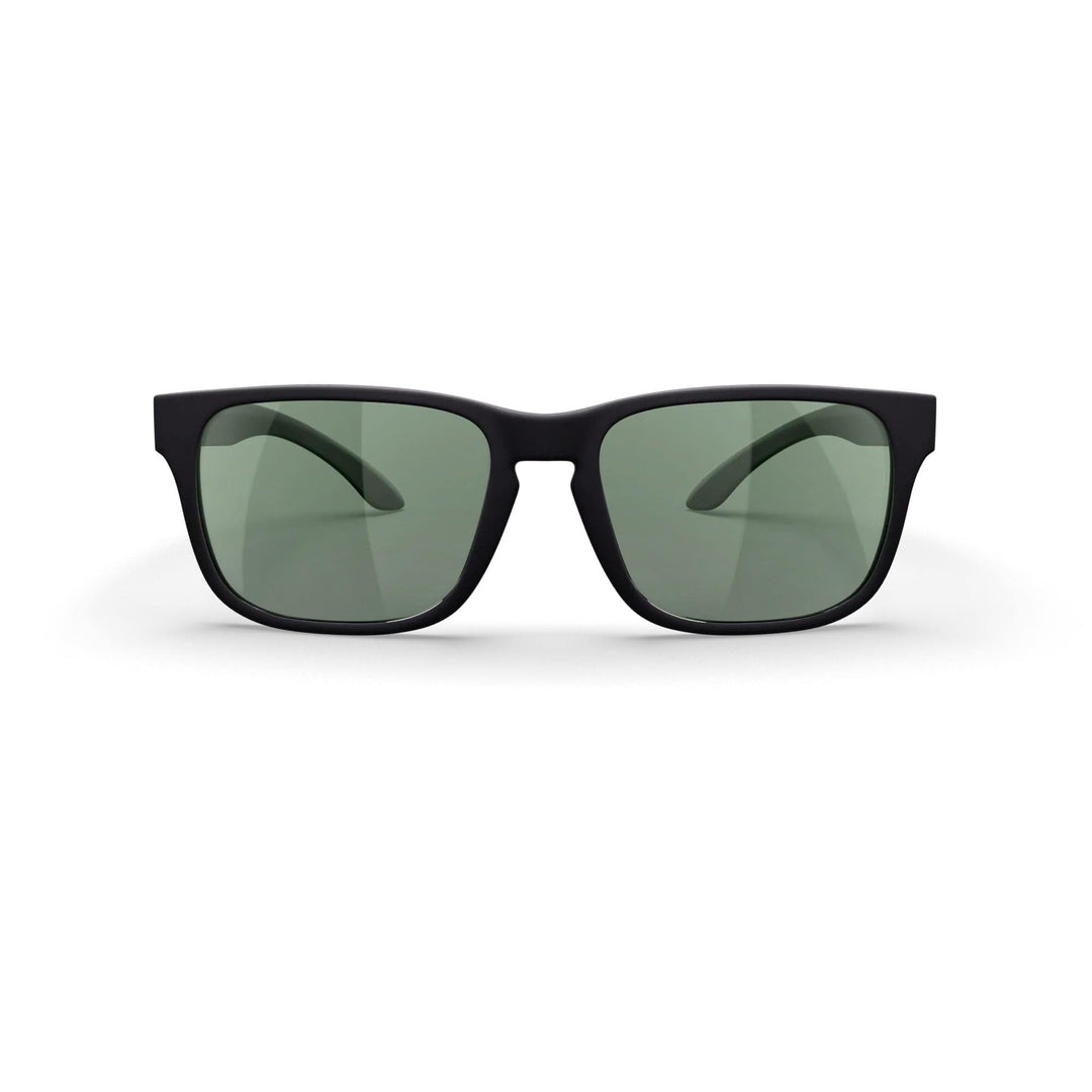 REKS® sport polarized polycarbonate prescription sunglasses in black with green tint, front view showing sporty style and UV protection