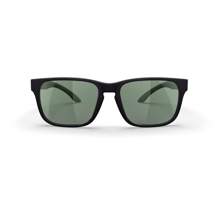 REKS® sport polarized polycarbonate prescription sunglasses in black with green tint, front view showing sporty style and UV protection