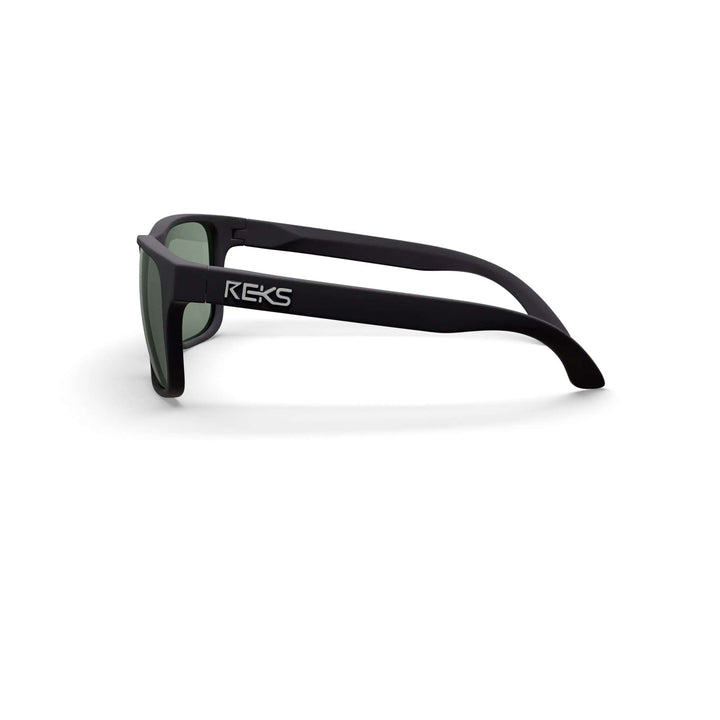 Black REKS® sport polarized polycarbonate prescription sunglasses with green tinted lenses, side view showing sporty design.