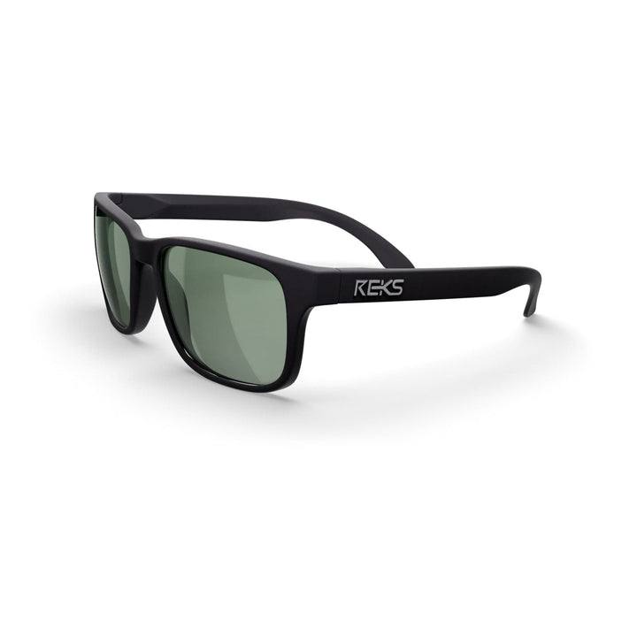 REKS® sport polarized prescription sunglasses with black frames and green tinted lenses, three-quarters view.