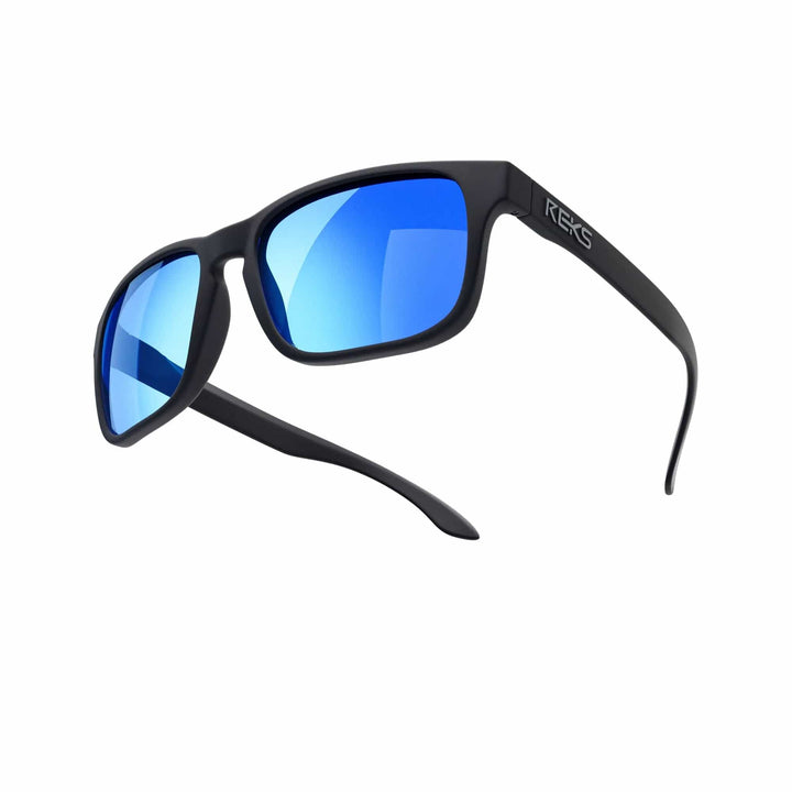 REKS® sport polarized prescription sunglasses with black frame and cobalt mirror lenses, designed for outdoor activities.