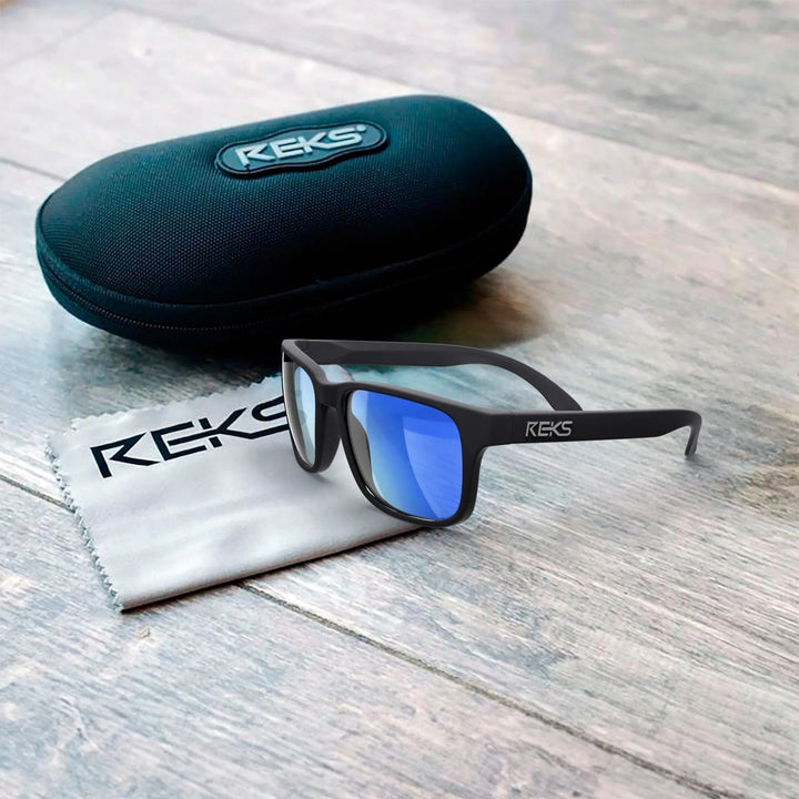 REKS® sport polarized polycarbonate prescription sunglasses in a protective case, showcasing sleek design and durable construction.