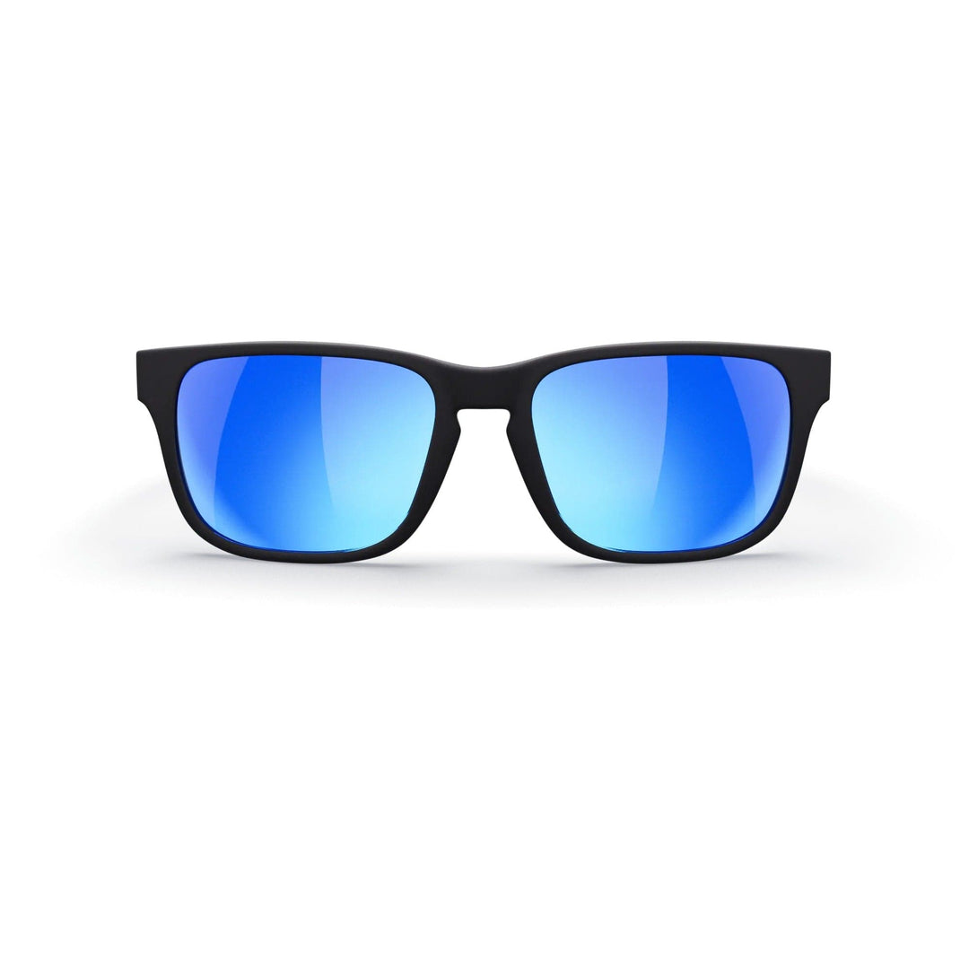 REKS® sport polarized prescription sunglasses with black frames and cobalt mirror lenses, front view showing sporty design and reflective coating.