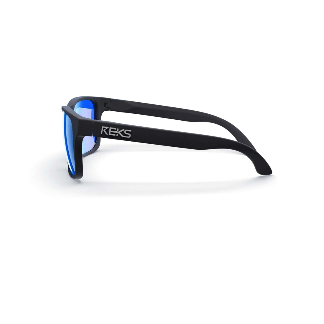 REKS® sport polarized polycarbonate prescription sunglasses with black frames and cobalt mirror lenses, side view showing stylish design