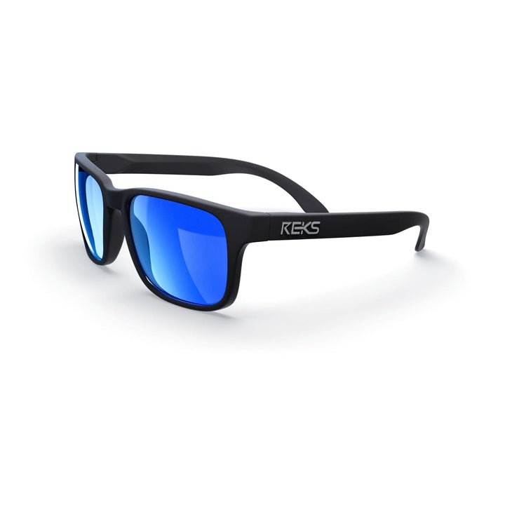REKS® sport polarized polycarbonate prescription sunglasses in black with cobalt mirror lenses, shown from a three-quarter view.