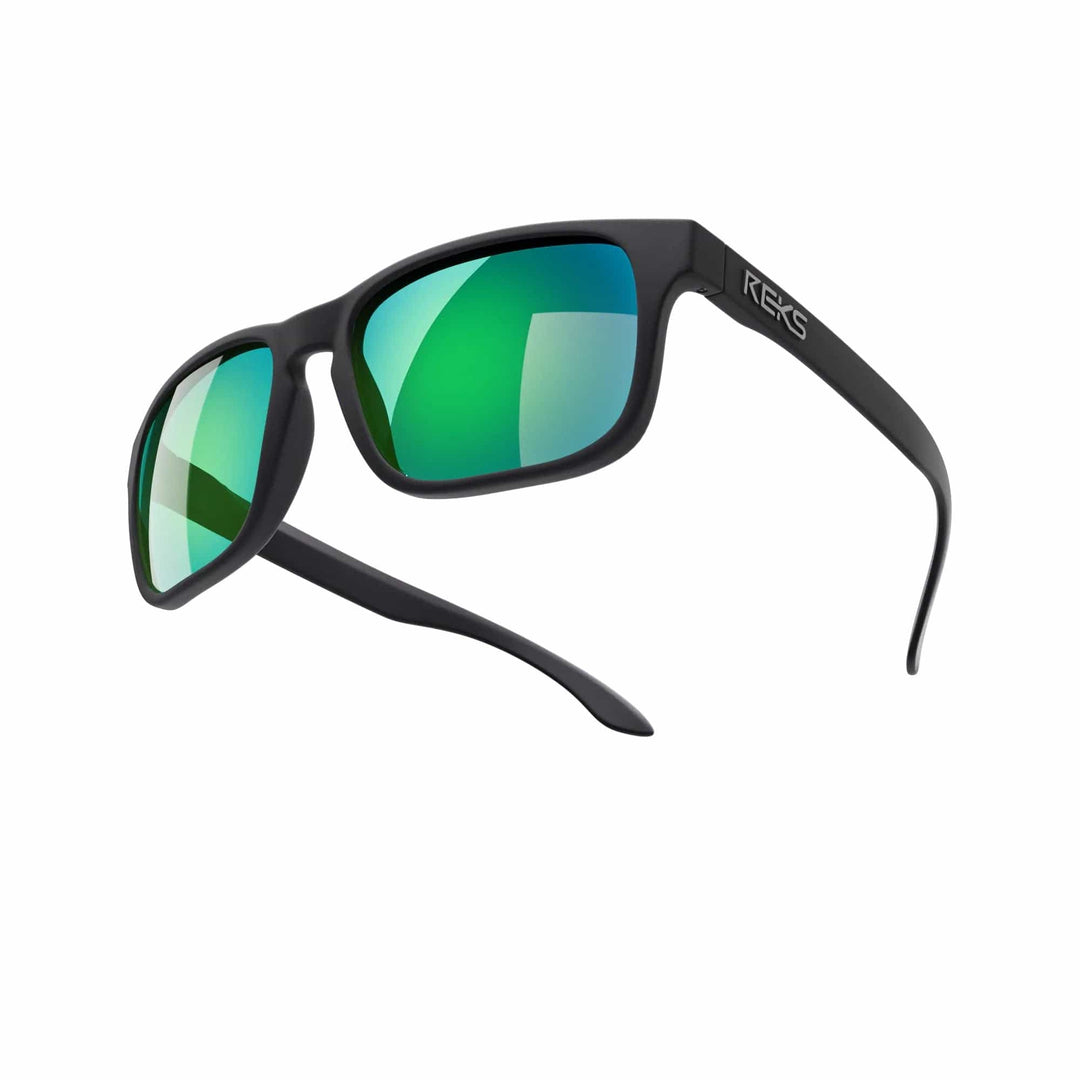 REKS® sport polarized polycarbonate prescription sunglasses with black frames and green mirror lenses, designed for active wear.