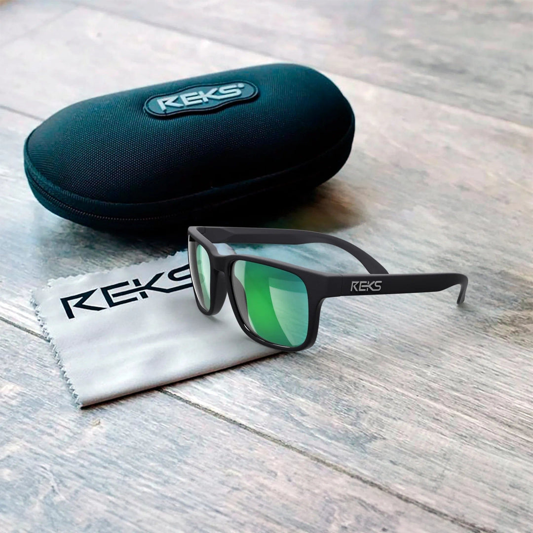 REKS® sport polarized polycarbonate prescription sunglasses with gray case, showcasing the sleek sporty design and durable frame.