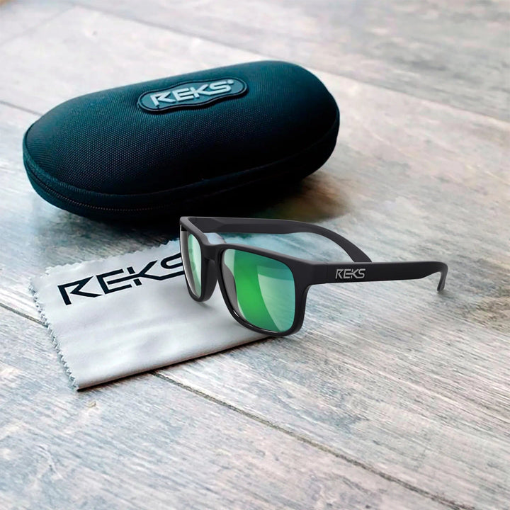REKS® sport polarized polycarbonate prescription sunglasses with gray case, showcasing the sleek sporty design and durable frame.