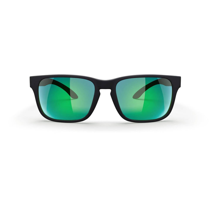 REKS® sport polarized prescription sunglasses with black and green mirror lenses, polycarbonate frame, and sporty design.