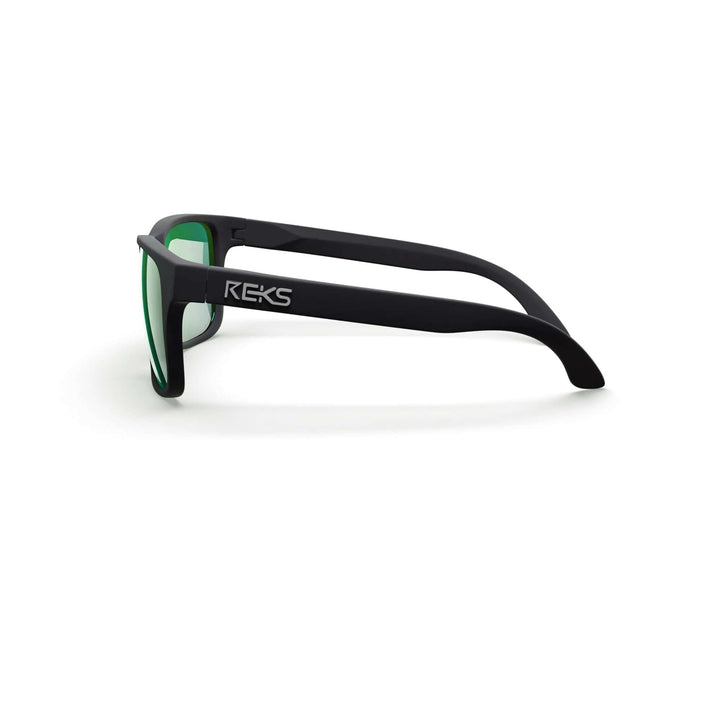 REKS® sport polarized prescription sunglasses with black frames, green mirror lenses, side view, designed for active outdoor use.