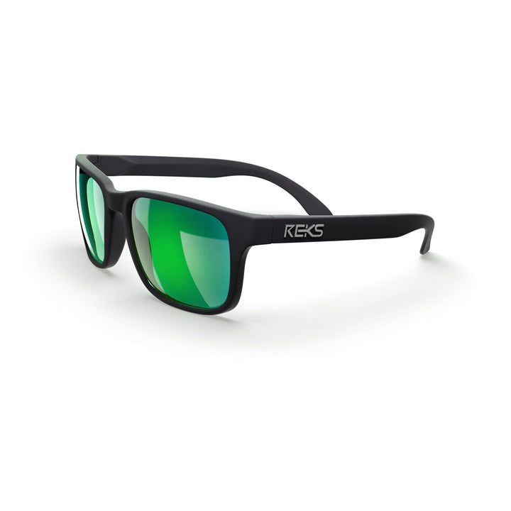 REKS® sport polarized prescription sunglasses with black and green mirrored polycarbonate lenses, three-quarters view.