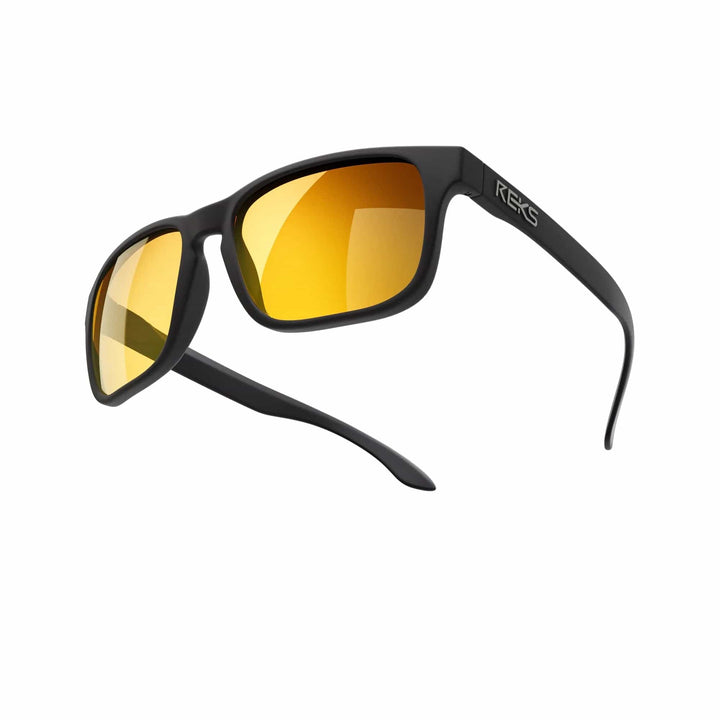 REKS® sport polarized prescription sunglasses with black and gold mirrored polycarbonate lenses, designed for active outdoor use.