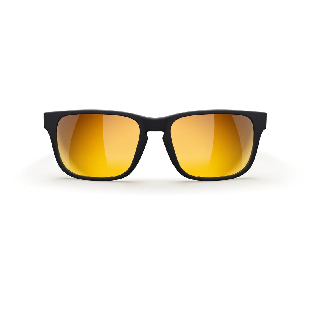 REKS® sport polarized prescription sunglasses with black and gold mirror lenses, featuring a sleek front view.