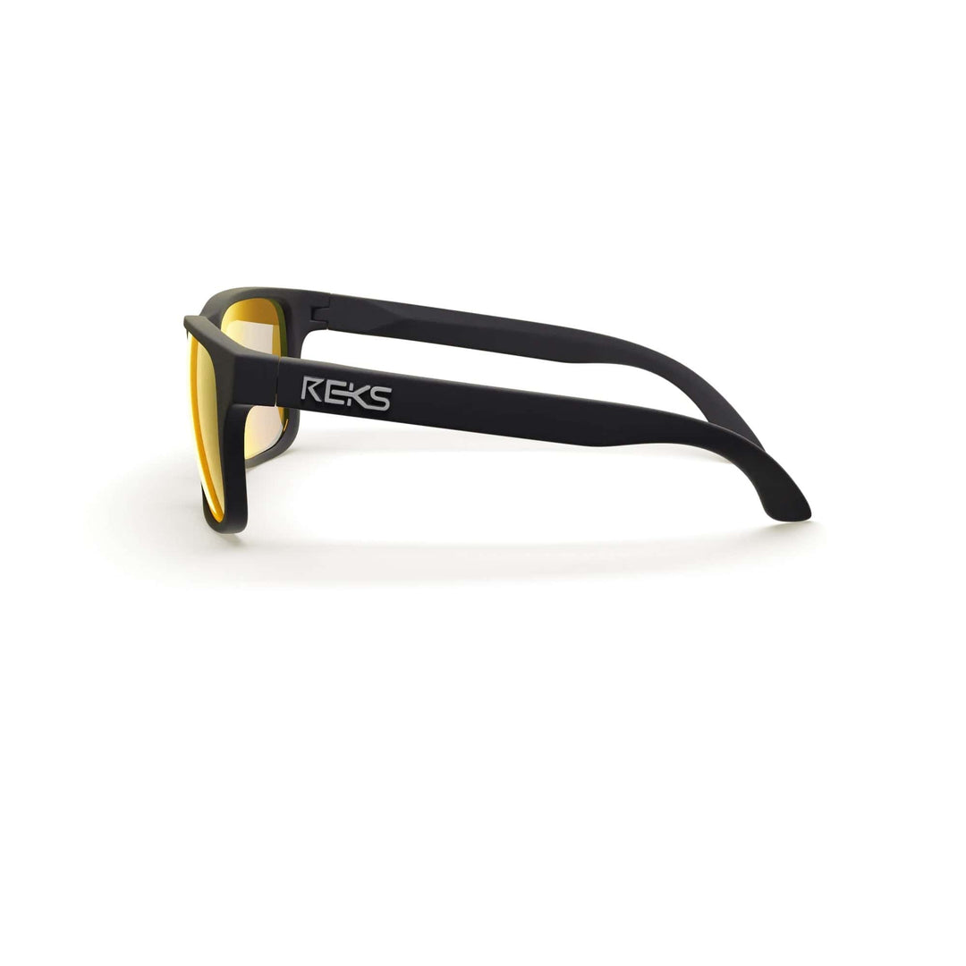 REKS® sport polarized prescription sunglasses with black and gold mirror lenses, durable polycarbonate frame, side view.