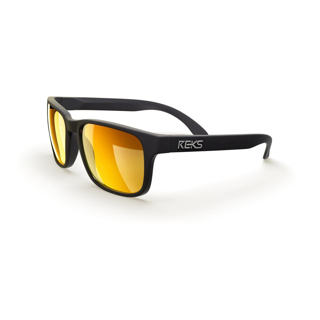 REKS® sport polarized prescription sunglasses with black and gold mirror lenses, three-quarter view, durable polycarbonate frame.