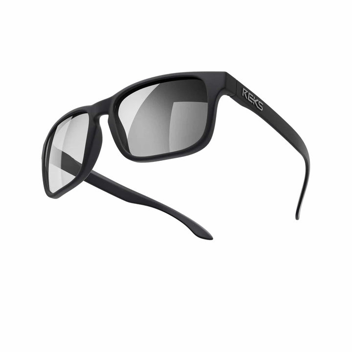 REKS® sport polarized prescription sunglasses with black frame and silver mirror lenses, designed for active outdoor use.