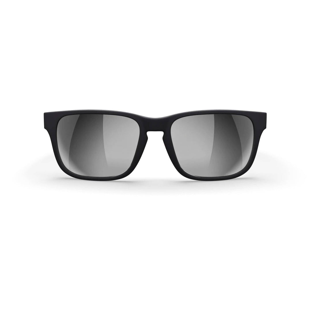 Black and silver REKS® sport polarized polycarbonate prescription sunglasses with mirrored lenses, front view.