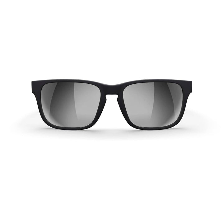 Black and silver REKS® sport polarized polycarbonate prescription sunglasses with mirrored lenses, front view.