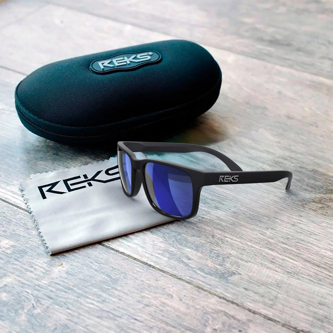 REKS® sport polarized prescription sunglasses in polycarbonate with a blue protective case, designed for outdoor activities.