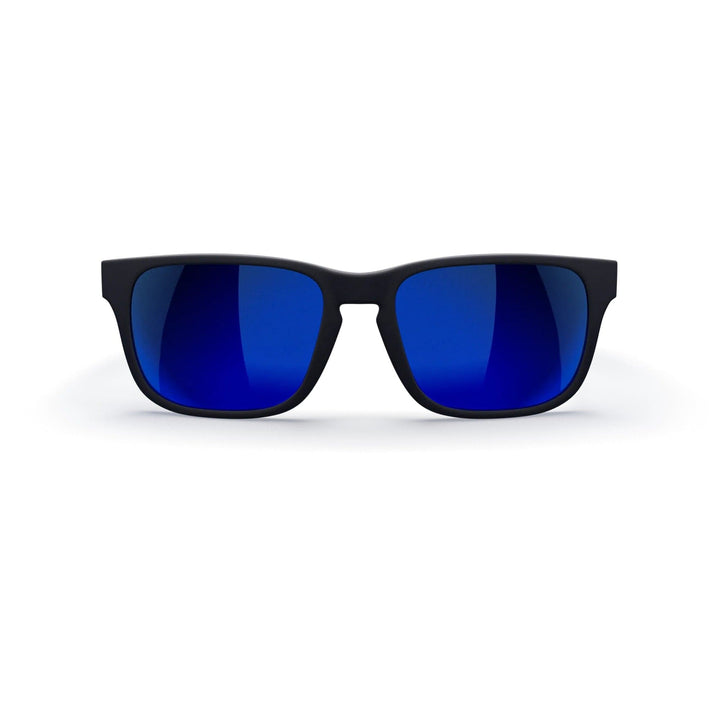 Black and blue mirror sport polarized polycarbonate prescription sunglasses by REKS® with a sleek front view.
