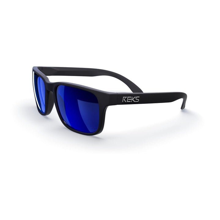 REKS® sport polarized polycarbonate prescription sunglasses with black and blue mirrored lenses, three-quarter view.