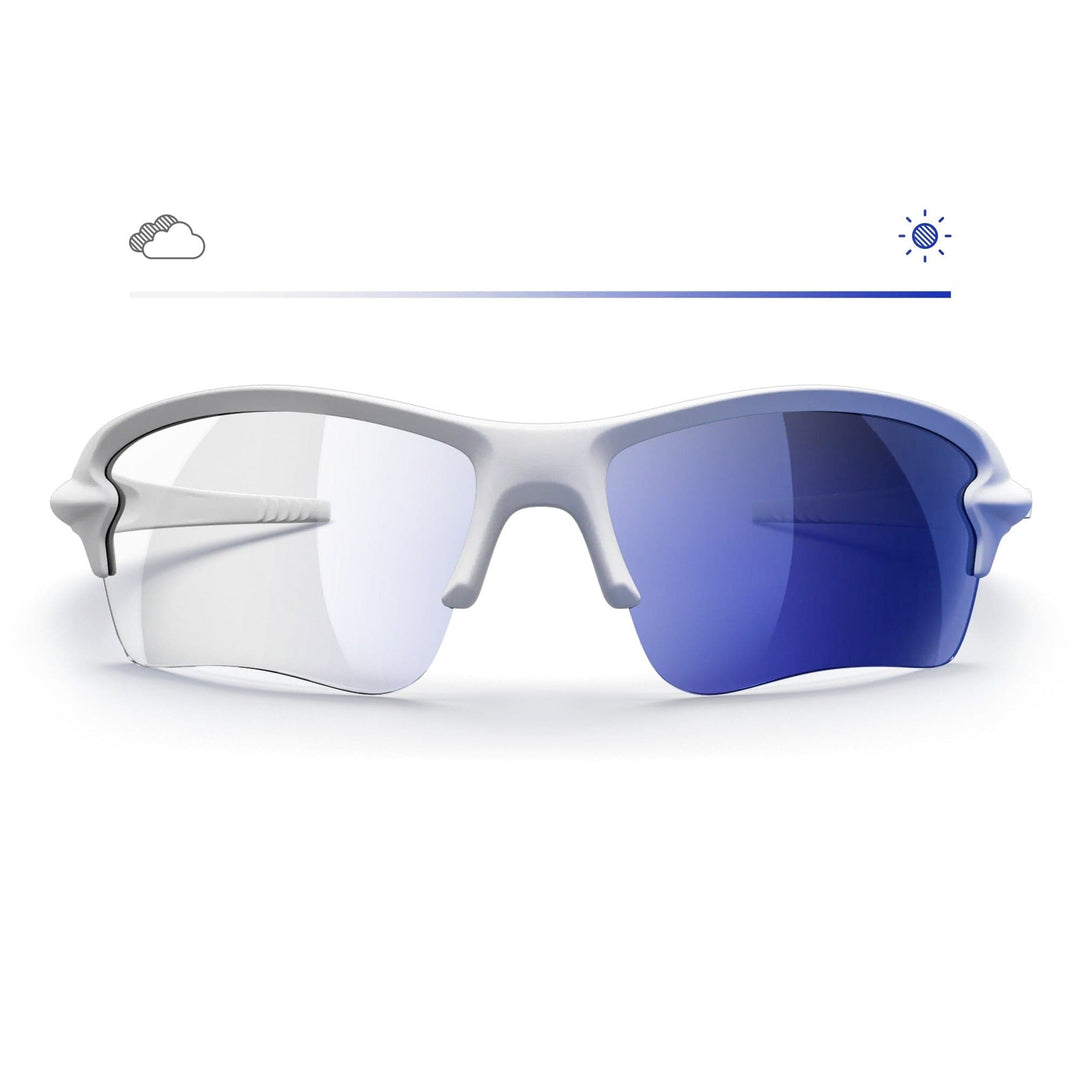 White REKS Sling Blade prescription mirror with transition lenses, front view showing sleek white frame and reflective surface.