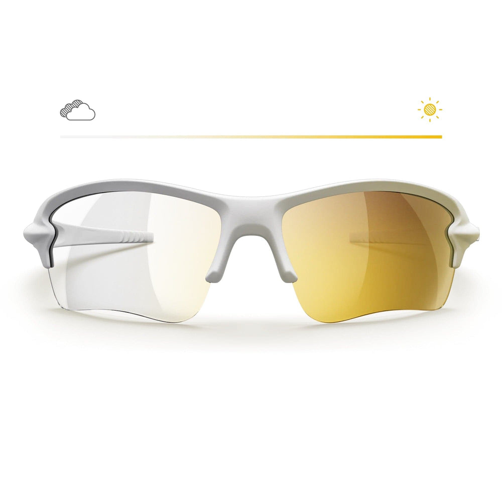 White Sling-Blade Prescription Transitions® glasses with gold mirror lenses, stylish frame designed for clear vision and UV protection.