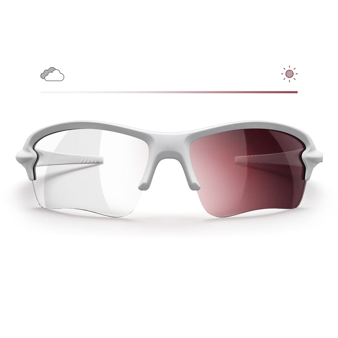 White SlingBlade Prescription Transitions® golf sunglasses with white frame and transition lenses, front view showing sleek design.