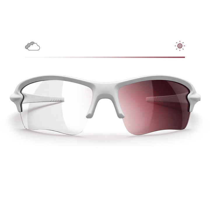 White SlingBlade Prescription Transitions® golf sunglasses with white frame and transition lenses, front view showing sleek design.