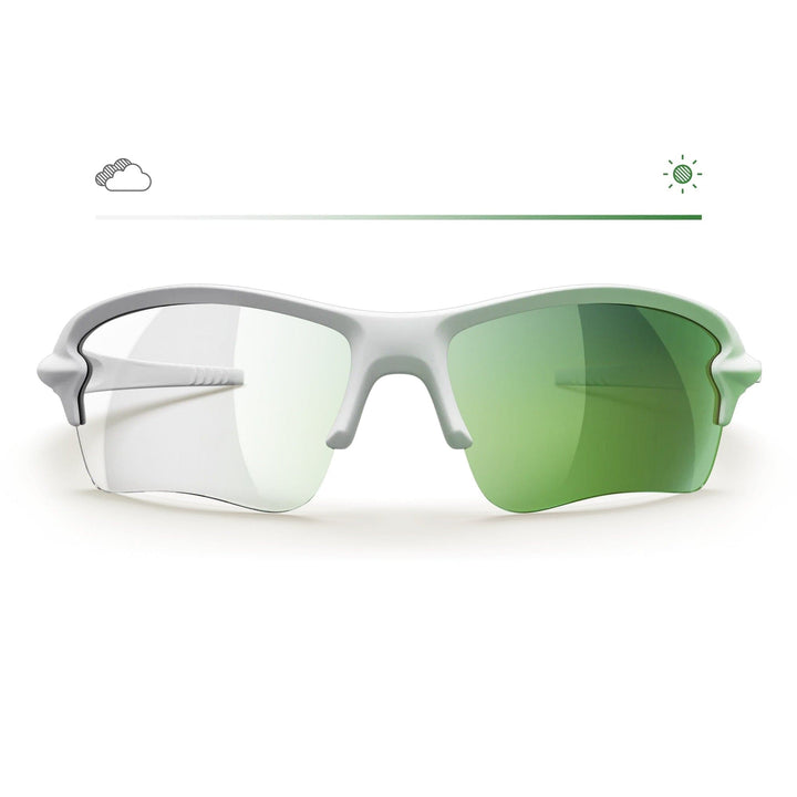 White Sling Blade Prescription Transitions® glasses with green tinted lenses, featuring a sleek white frame and modern design.
