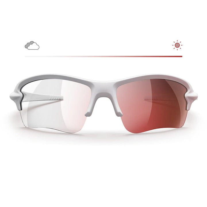 White Sling Blade prescription glasses with red mirror lenses by REKS®, featuring a sleek white frame and modern design.