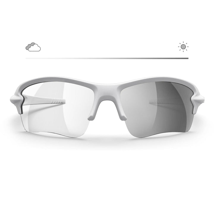 White Sling Blade prescription glasses with silver mirrored transitions lenses by REKS® featured in front view image.