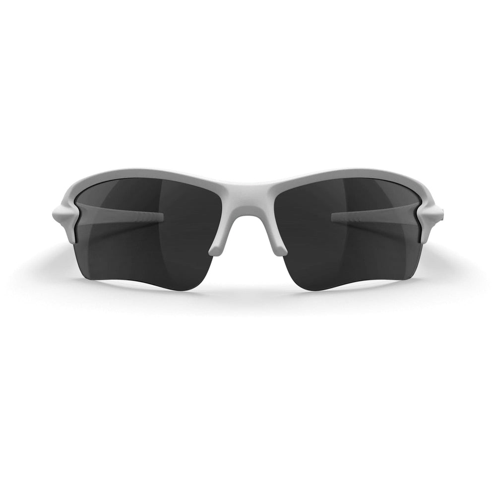 White Sling Blade Trivex® polarized prescription sunglasses by REKS® with smoke tinted lenses, front view showing sleek design.