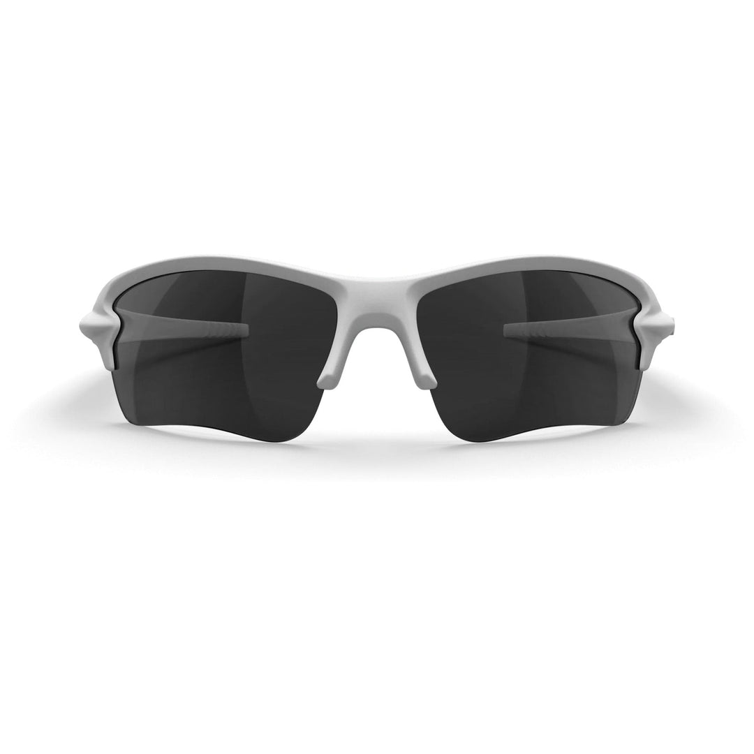 White Sling Blade Trivex® polarized prescription sunglasses by REKS® with smoke tinted lenses, front view showing sleek design.
