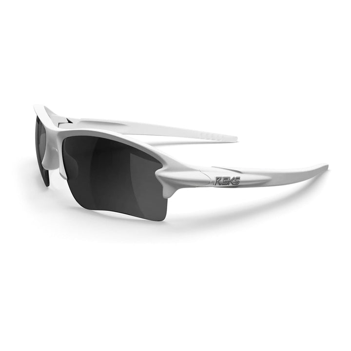 White Sling Blade Trivex polarized prescription sunglasses by REKS® with smoked lenses, three-quarter view showing sleek design and frame.