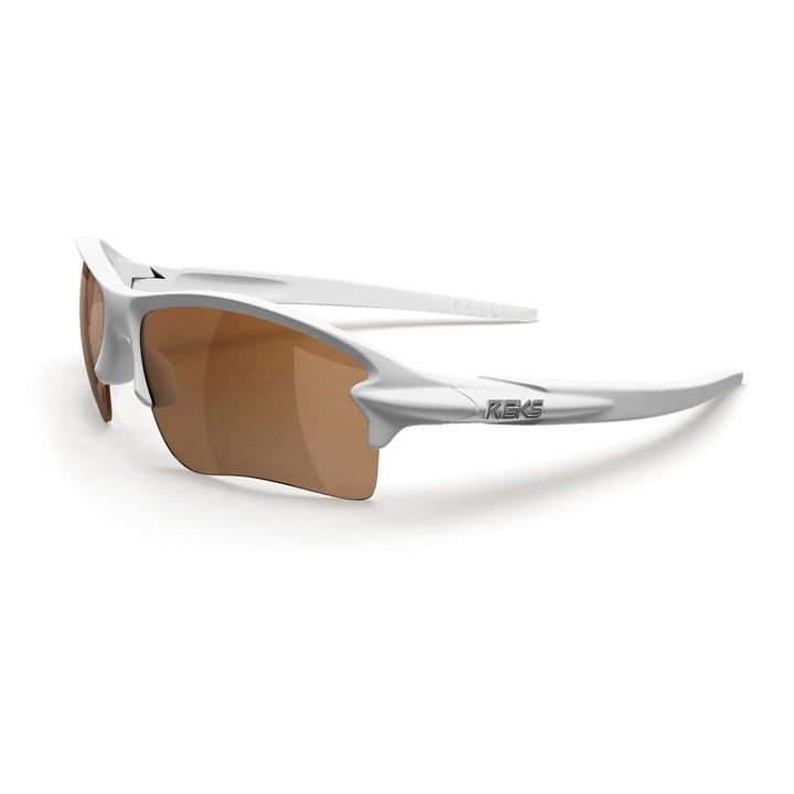 White Sling Blade Trivex® polarized prescription sunglasses by REKS® with brown tinted lenses, shown from a three-quarters view.