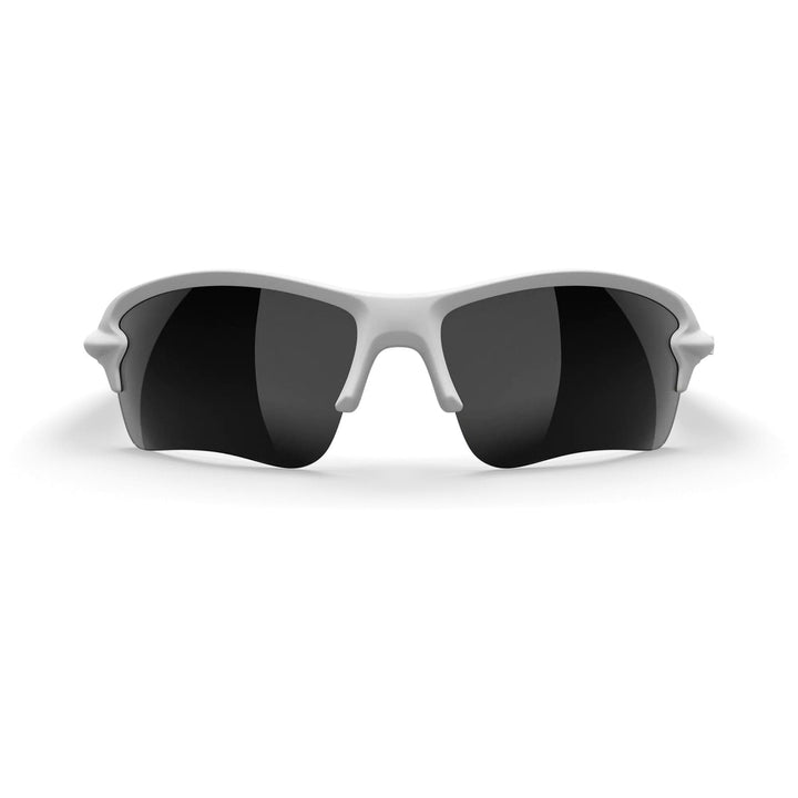 White Sling Blade Trivex polarized prescription sunglasses with mirrored lenses and black accents, stylishly displayed front view.